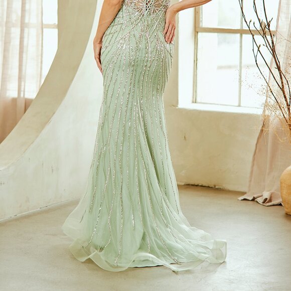 New Formal Sheath Maxi Dress w/ Sheer Boned Bodice & Lace Up Back AC 2136 - Picture 9 of 9